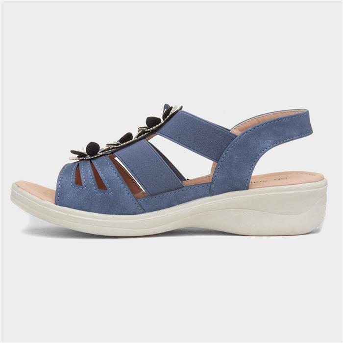 Womens Blue Wedge Flower Slip On Sandal