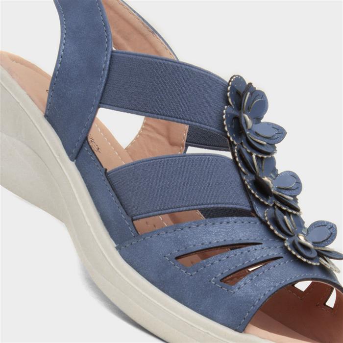 Womens Blue Wedge Flower Slip On Sandal