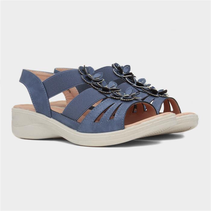 Womens Blue Wedge Flower Slip On Sandal