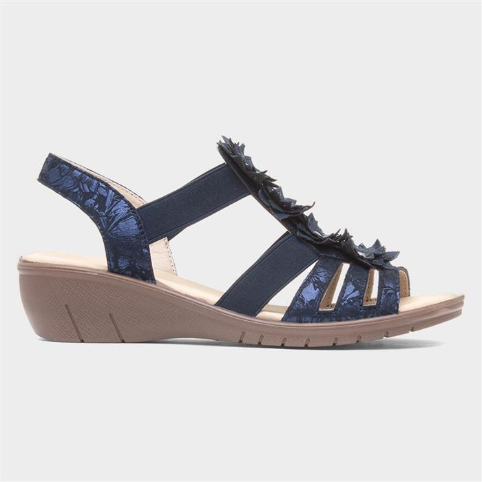 Womens Navy Wedge Slip On Flower Sandal