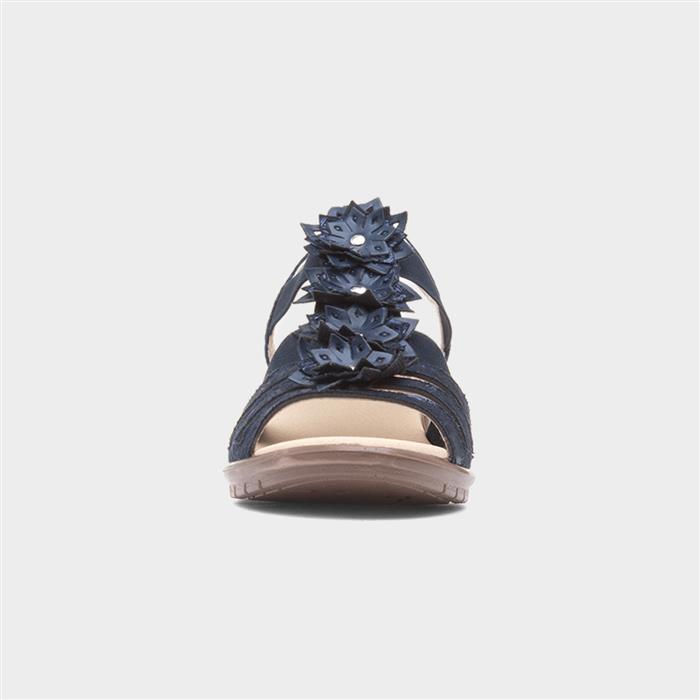 Womens Navy Wedge Slip On Flower Sandal