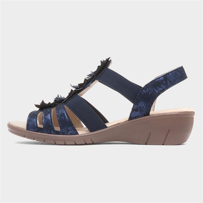 Womens Navy Wedge Slip On Flower Sandal