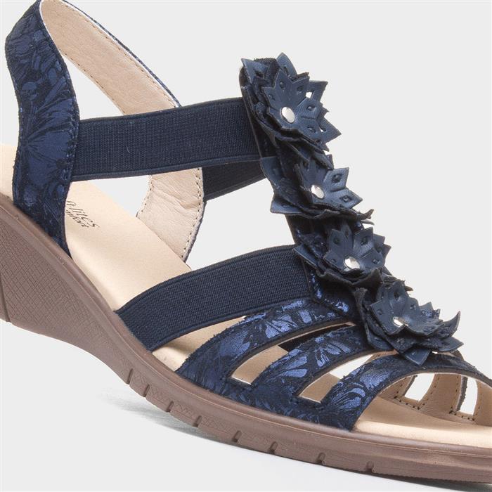 Womens Navy Wedge Slip On Flower Sandal