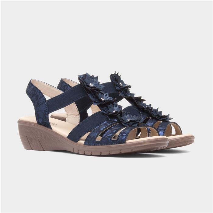 Womens Navy Wedge Slip On Flower Sandal