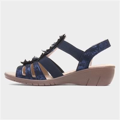 Womens Navy Wedge Flower Sandal