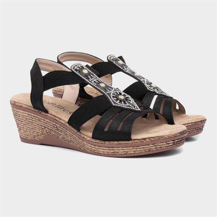 Womens Black Slip On Wedge Sandal