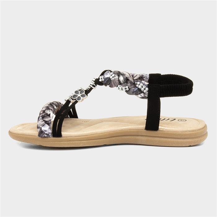 Womens Black Ribbon Twist Diamante Sandal