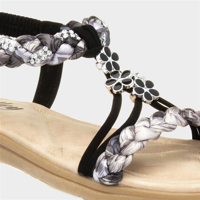 Womens Black Ribbon Twist Diamante Sandal