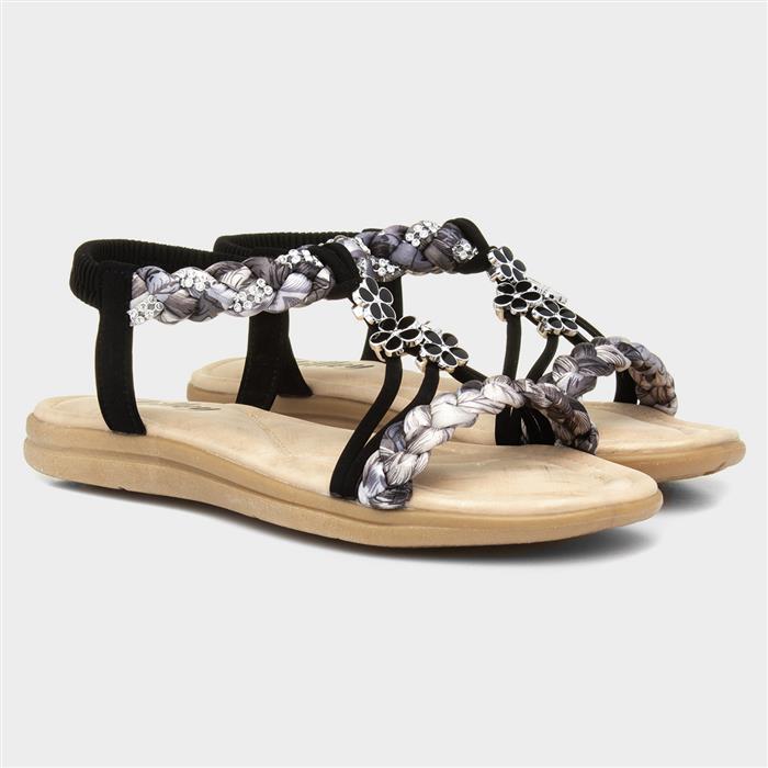 Womens Black Ribbon Twist Diamante Sandal