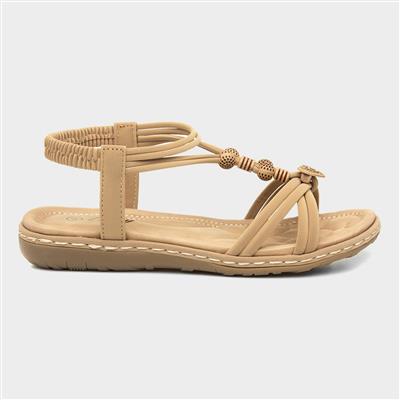 Womens Beige Flat Slip On Sandal