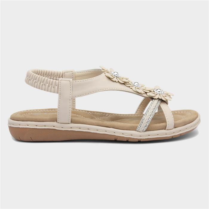 Womens Cream Diamante & Flowers Sandal