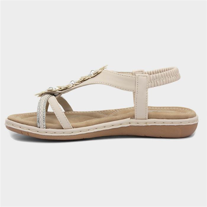 Womens Cream Diamante & Flowers Sandal