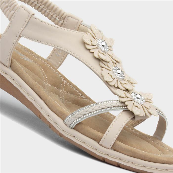 Womens Cream Diamante & Flowers Sandal