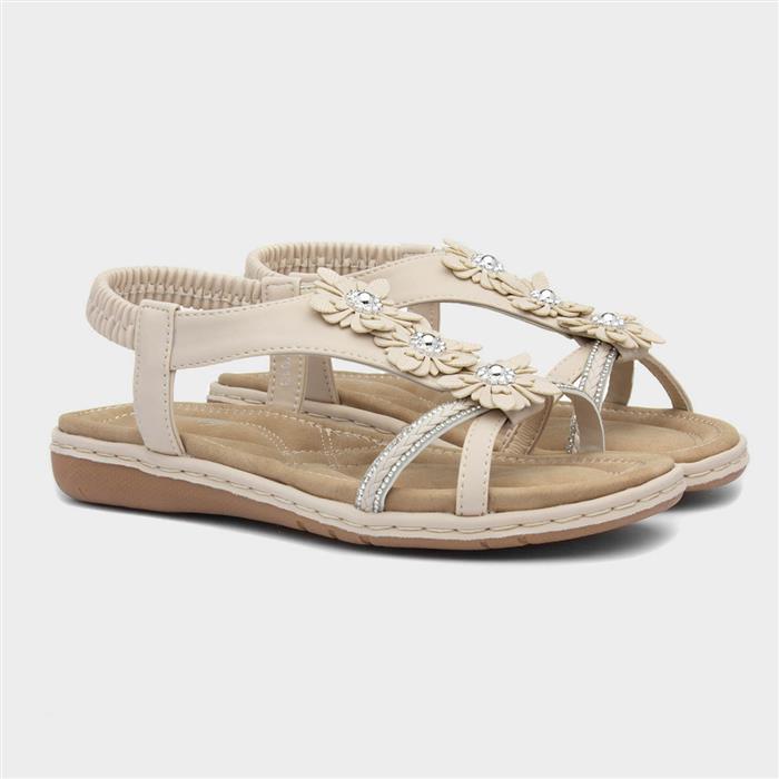 Womens Cream Diamante & Flowers Sandal