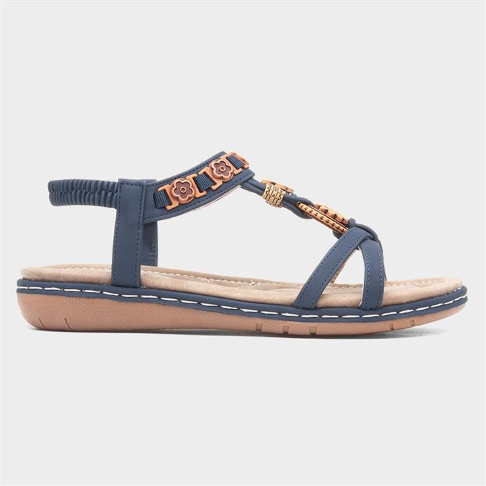 Womens Navy Beaded T-Bar Slip On Sandal
