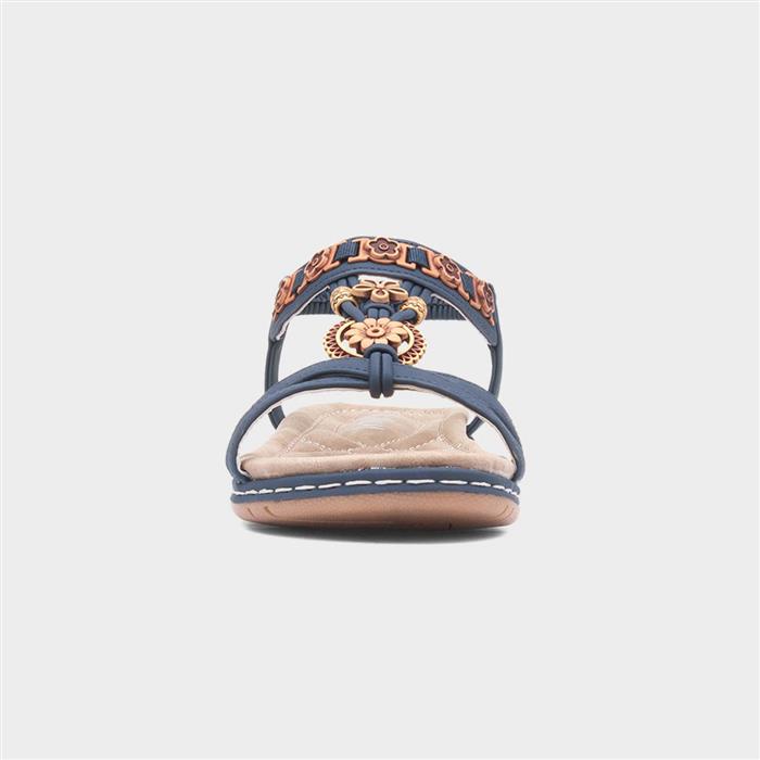 Womens Navy Beaded T-Bar Slip On Sandal
