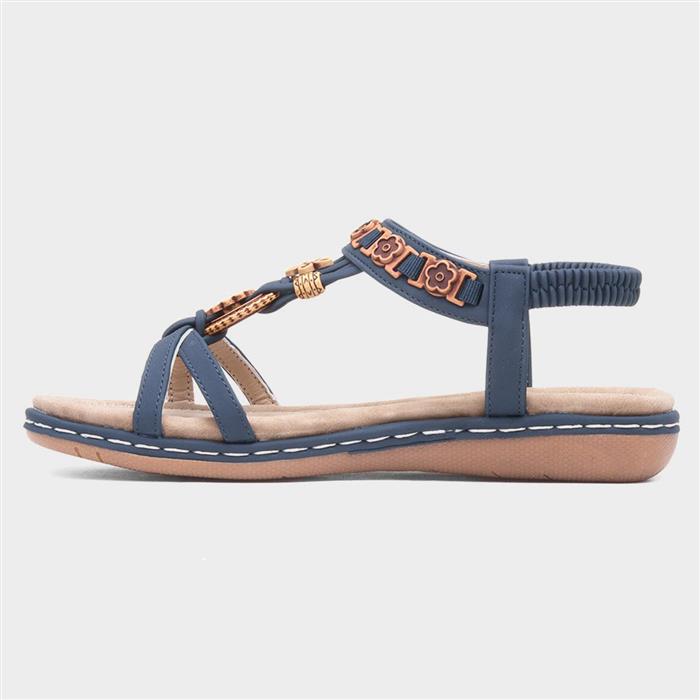 Womens Navy Beaded T-Bar Slip On Sandal