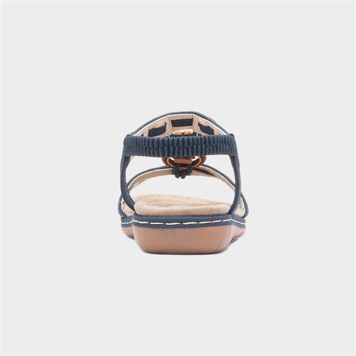 Womens Navy Beaded T-Bar Slip On Sandal
