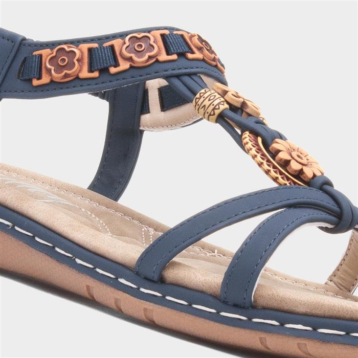 Womens Navy Beaded T-Bar Slip On Sandal