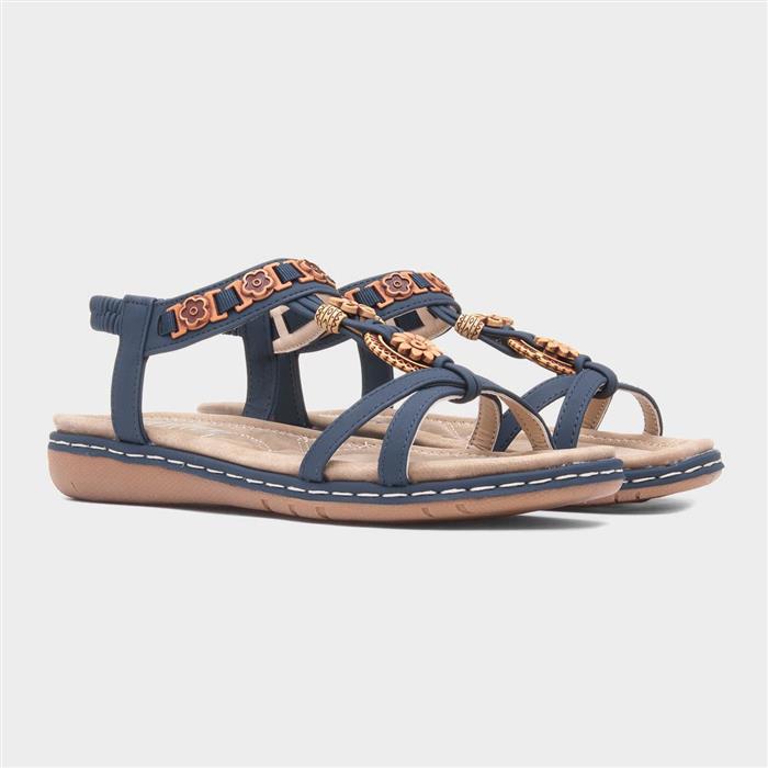 Womens Navy Beaded T-Bar Slip On Sandal