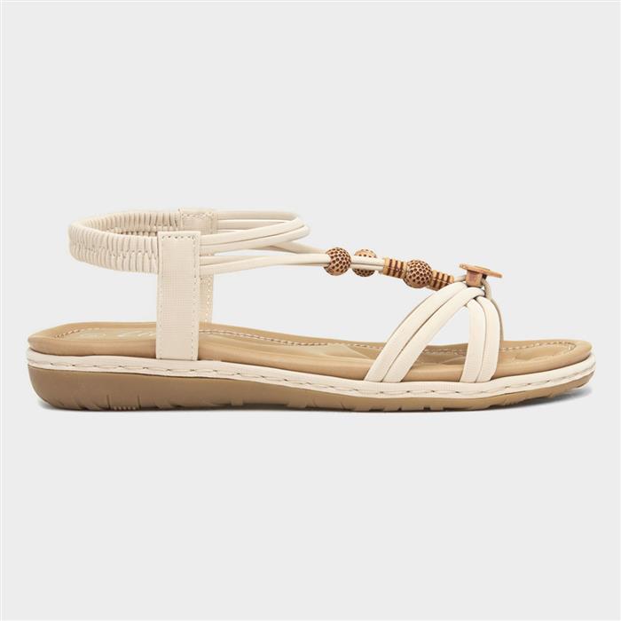 Womens Cream Strappy Beaded Slip On Sandal