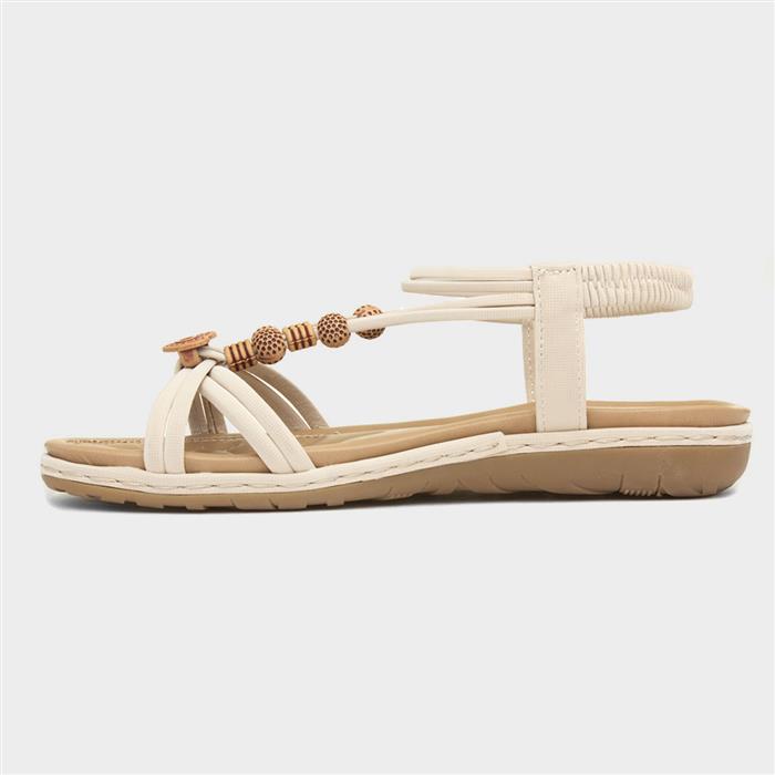 Womens Cream Strappy Beaded Slip On Sandal