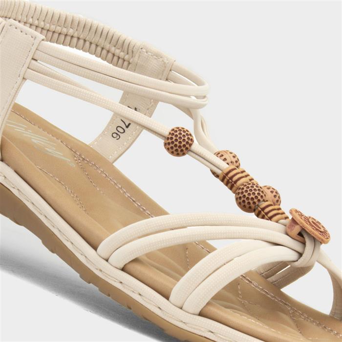 Womens Cream Strappy Beaded Slip On Sandal