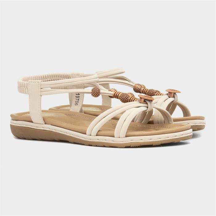 Womens Cream Strappy Beaded Slip On Sandal