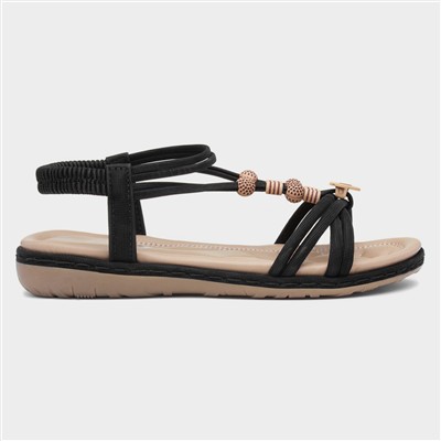 Womens Black Strappy Beaded Slip On Sandal