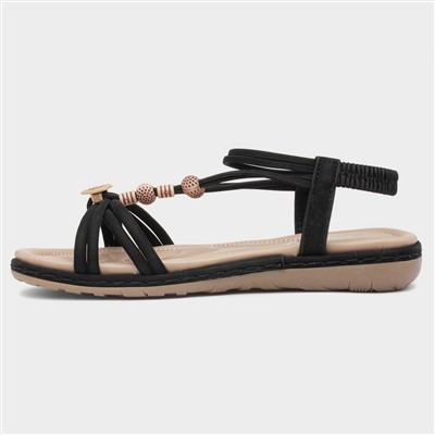 Womens Black Strappy Beaded Slip On Sandal
