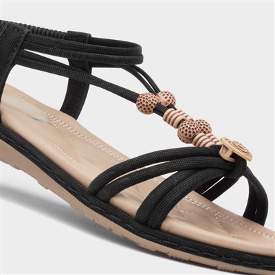 Womens Black Strappy Beaded Slip On Sandal