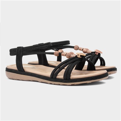 Womens Black Strappy Beaded Slip On Sandal