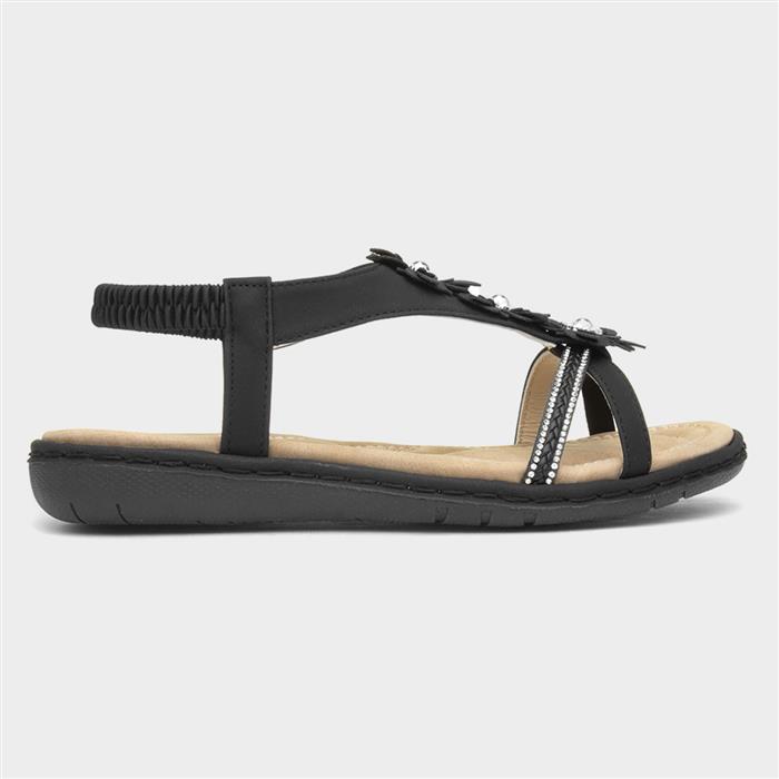 Womens Black Diamante & Flowers Sandal