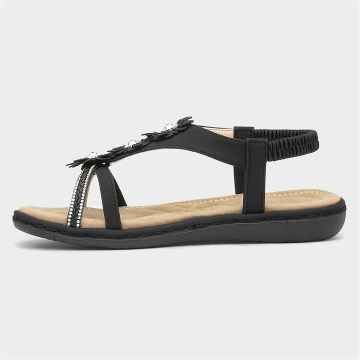 Womens Black Diamante & Flowers Sandal