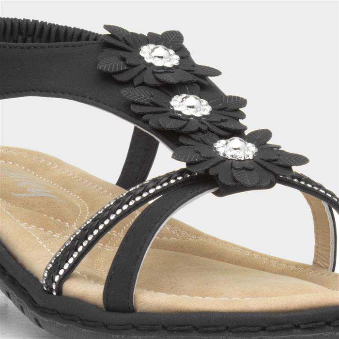 Womens Black Diamante & Flowers Sandal
