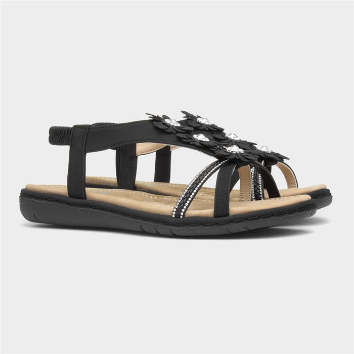 Womens Black Diamante & Flowers Sandal