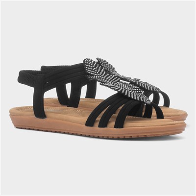 Womens Black Diamante Feather Sandal