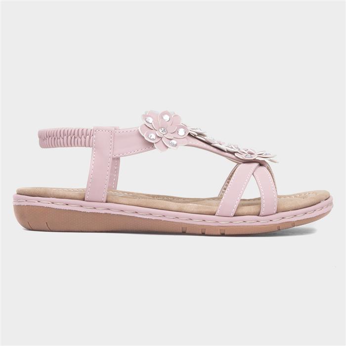Womens Pink Floral T-Bar Slip On Sandal