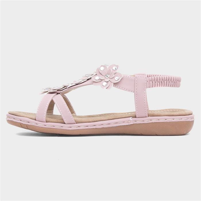 Womens Pink Floral T-Bar Slip On Sandal