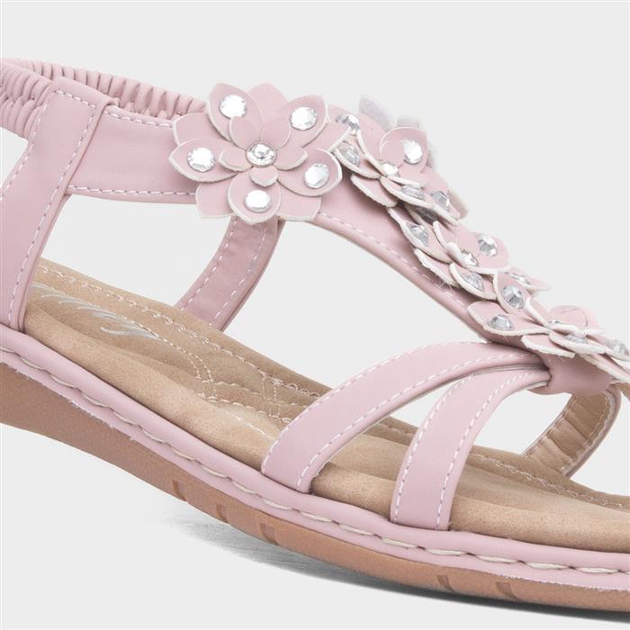 Womens Pink Floral T-Bar Slip On Sandal