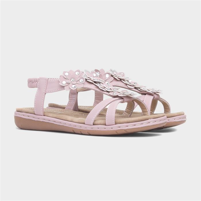 Womens Pink Floral T-Bar Slip On Sandal