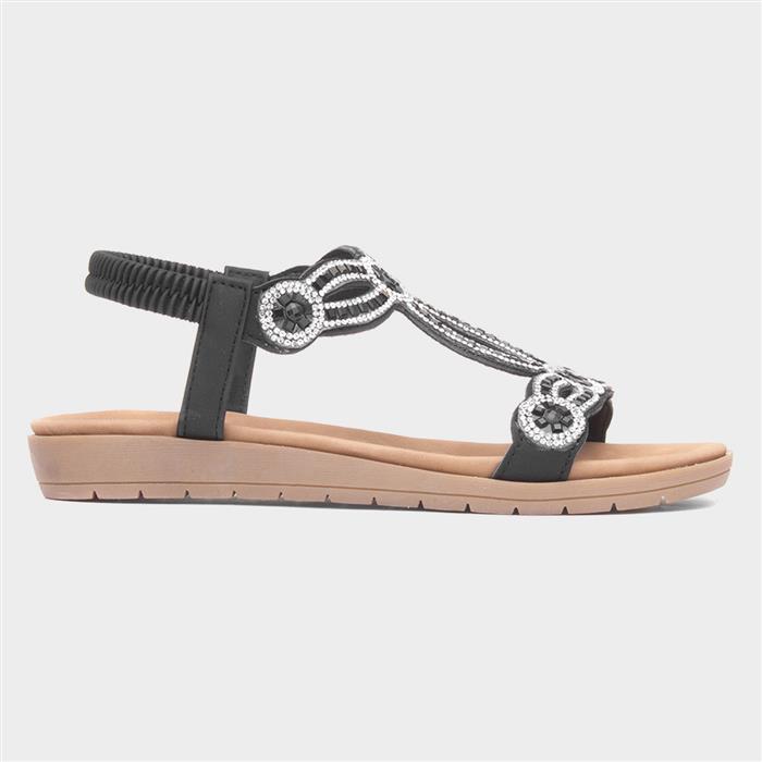 Womens Black Diamante Slip On T-Bar Sandal