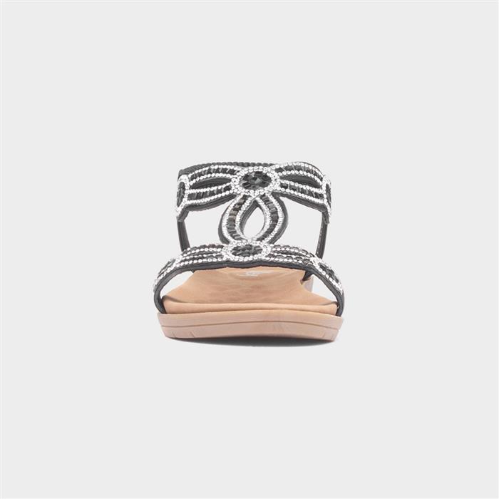 Womens Black Diamante Slip On T-Bar Sandal