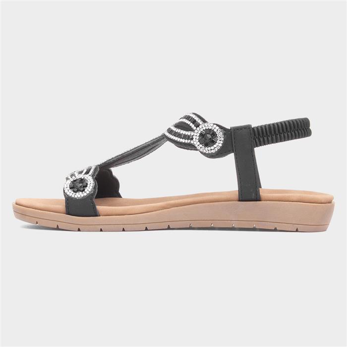 Womens Black Diamante Slip On T-Bar Sandal