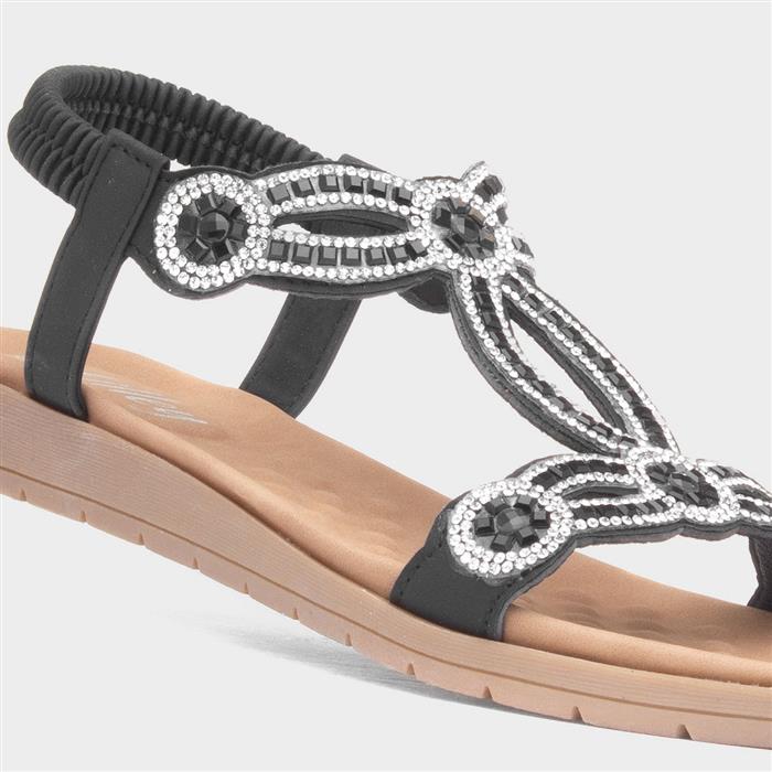 Womens Black Diamante Slip On T-Bar Sandal