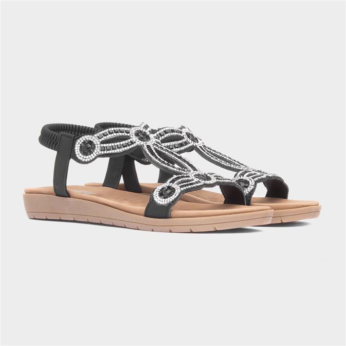 Womens Black Diamante Slip On T-Bar Sandal