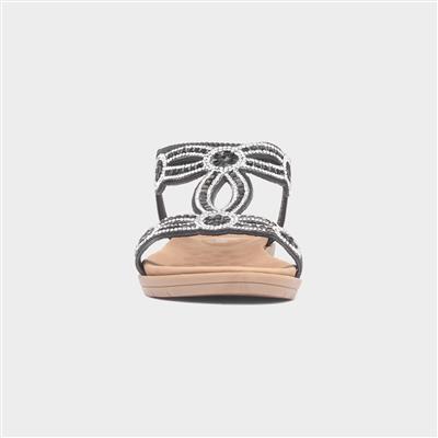 Womens Black Diamante T-Bar Sandal