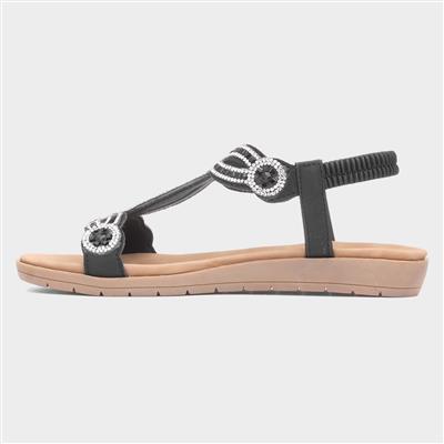 Womens Black Diamante T-Bar Sandal