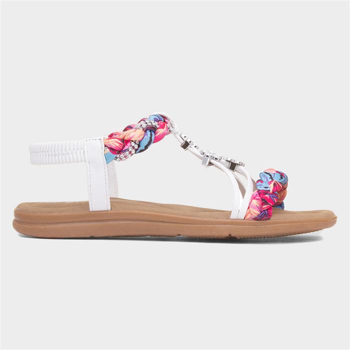 Womens White Ribbon Twist Diamante Sandal