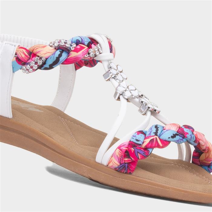 Womens White Ribbon Twist Diamante Sandal